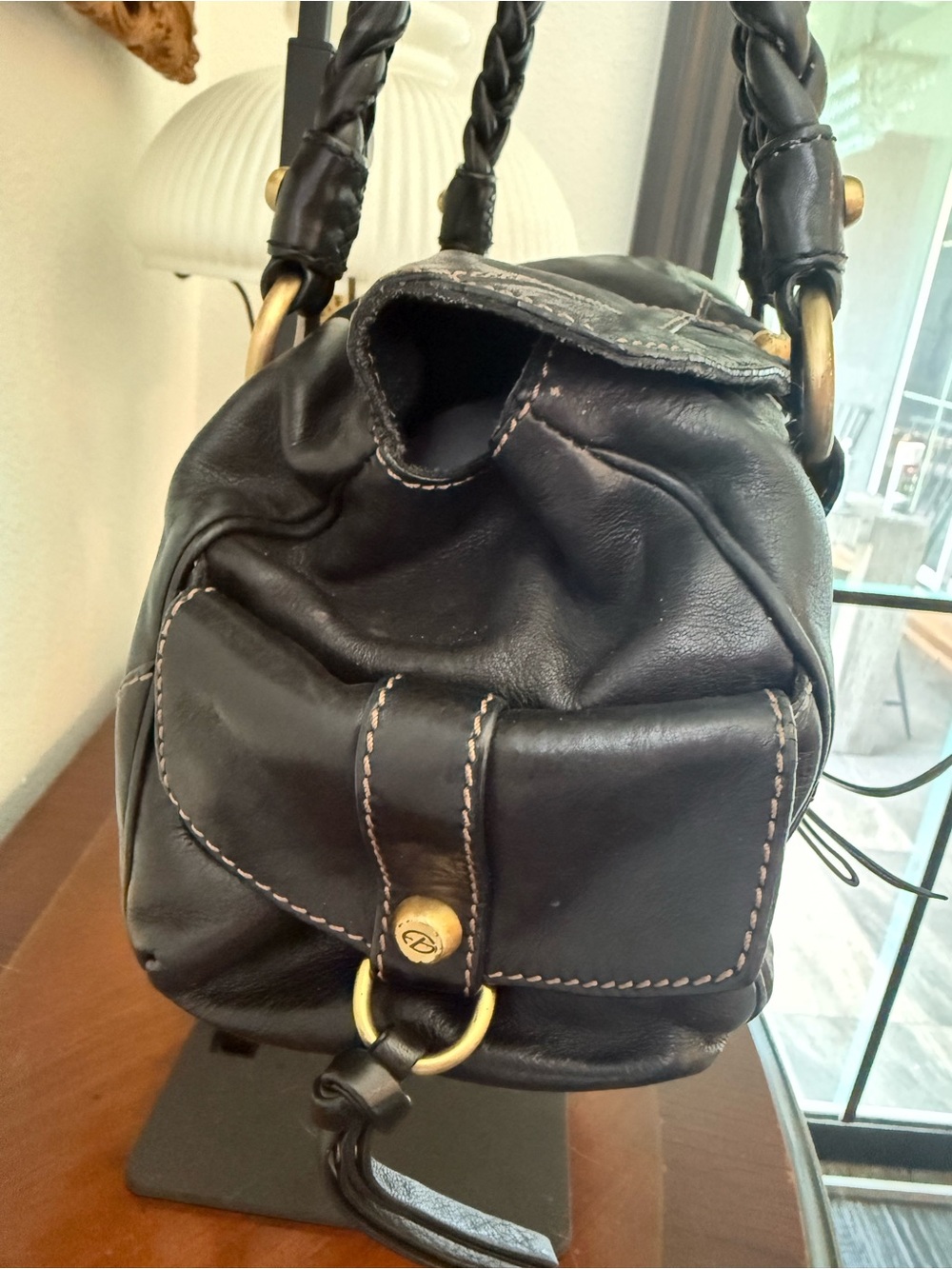 Francesco Biasia Black Braided-Handle Leather Shoulder Bag with Brass Hardware - Picture 5 of 14